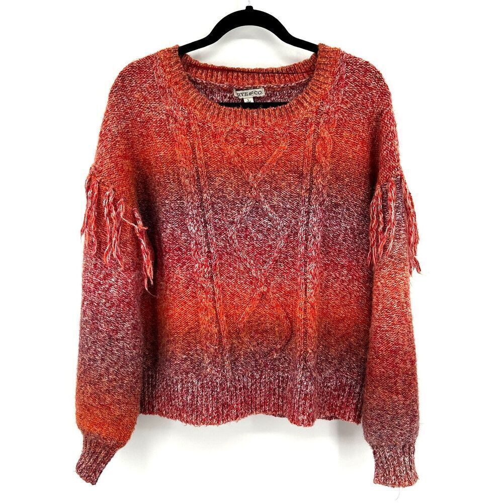 FRYE & CO. Red Orange Wool Cable Knit Fringe Penny Lane Boho Boxy Sweater Large
